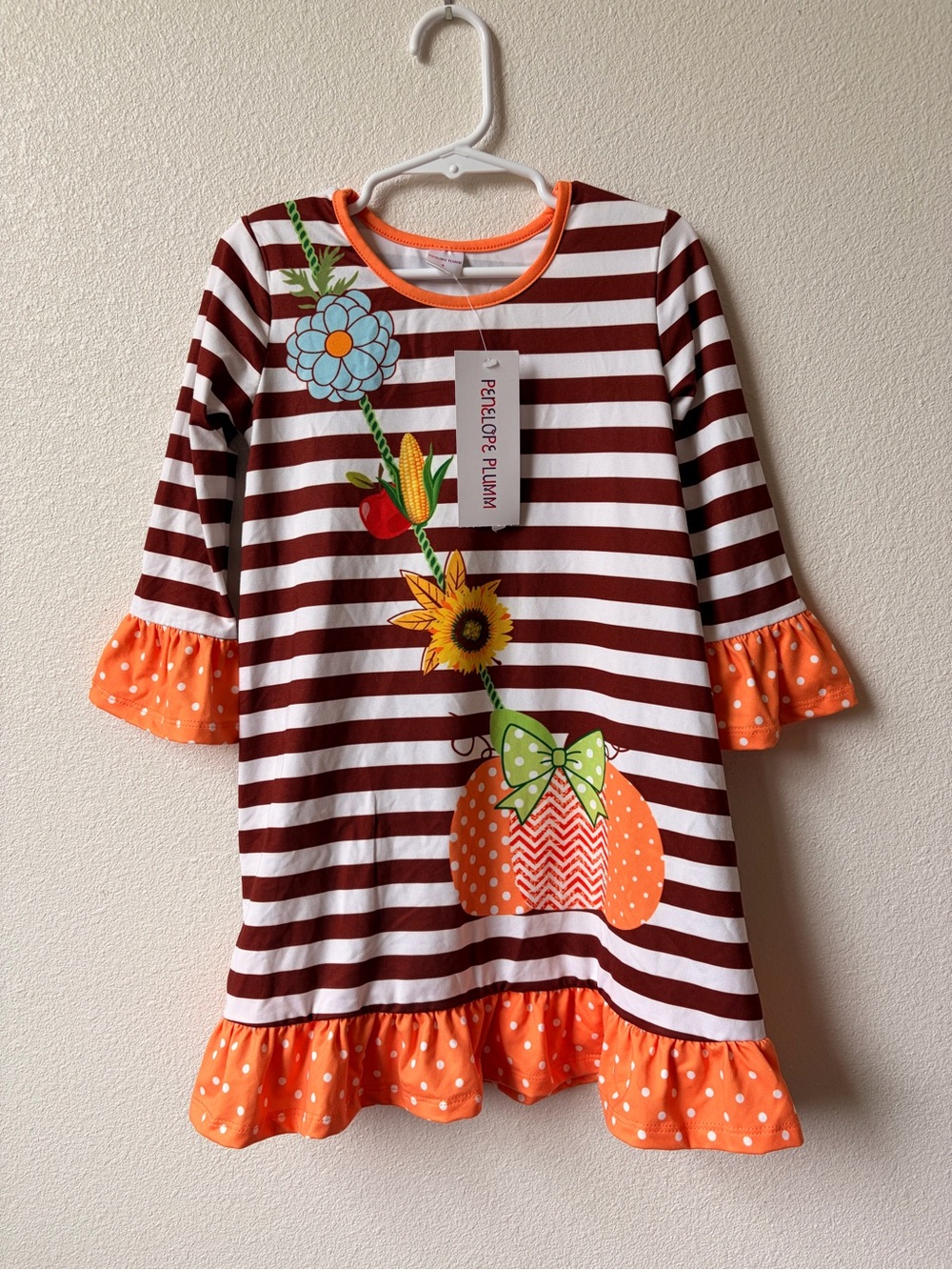 NEW Penelope Plumm Girl’s Size 4 Orange & White Striped Pumpkin Dress